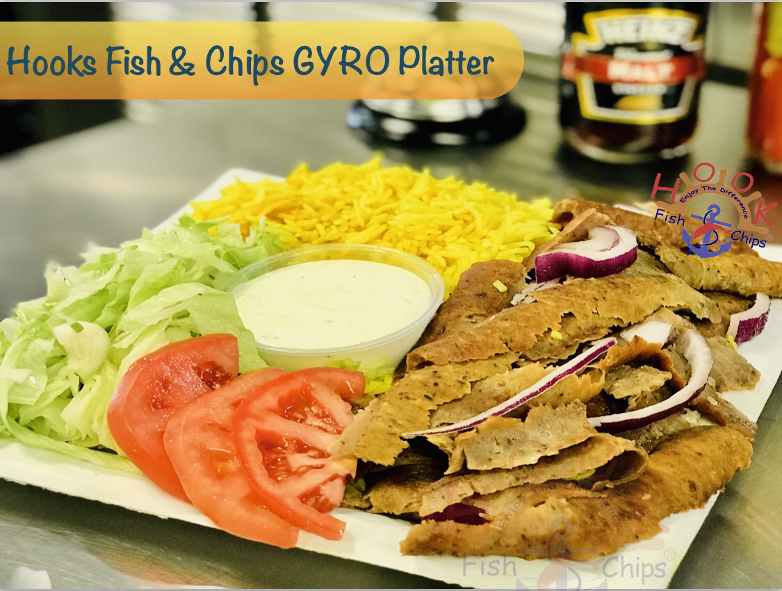 This is about Hooks Fish And Chips Gyro Platter | Hooks Fish And Chips Restaurant at 1611 Rice St N, St Paul, Mn 55114 | 7639 Jolly Ln,  Brooklyn Park MN 55428